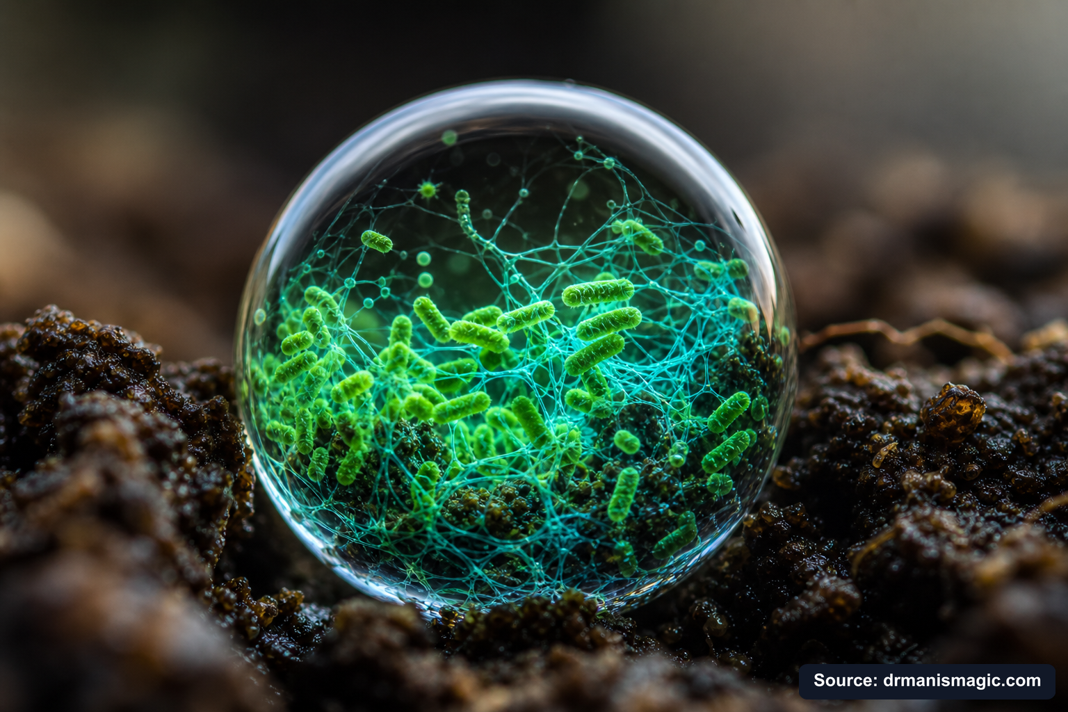 Close-up of live beneficial soil microbes and mycorrhizae fungi