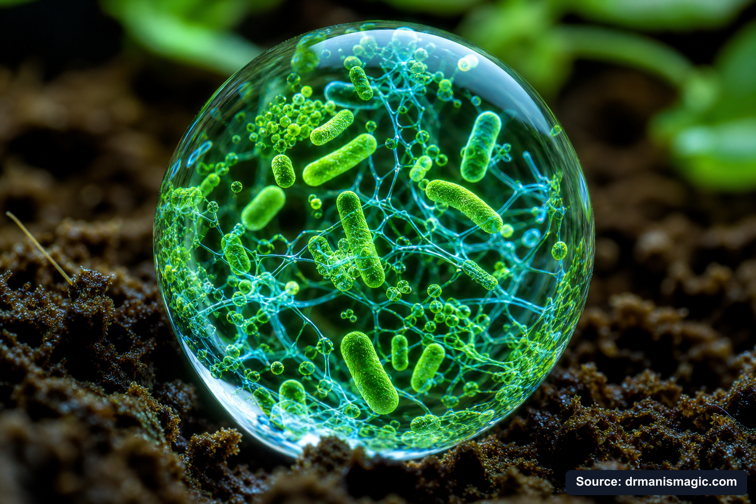 Close-up of live beneficial soil microbes and mycorrhizae fungi