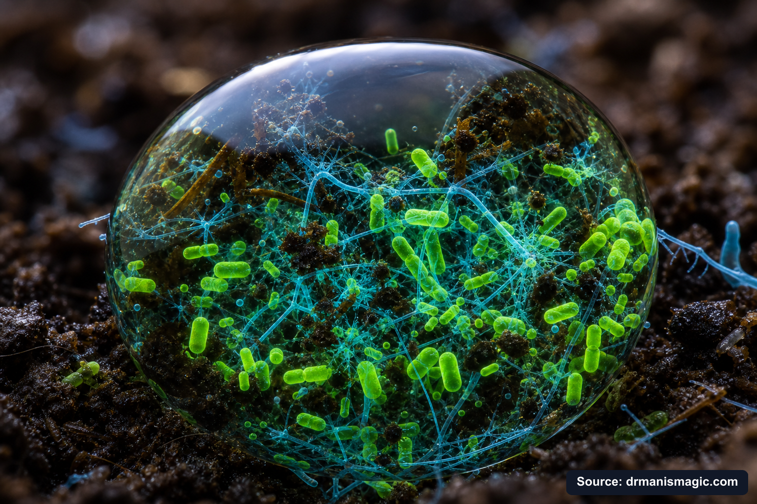 Close-up of live beneficial soil microbes and mycorrhizae fungi
