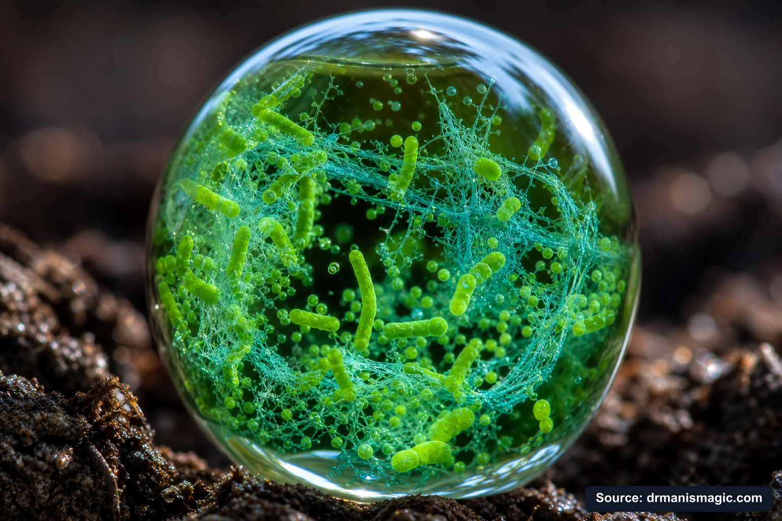 Close-up of live beneficial soil microbes and mycorrhizae fungi