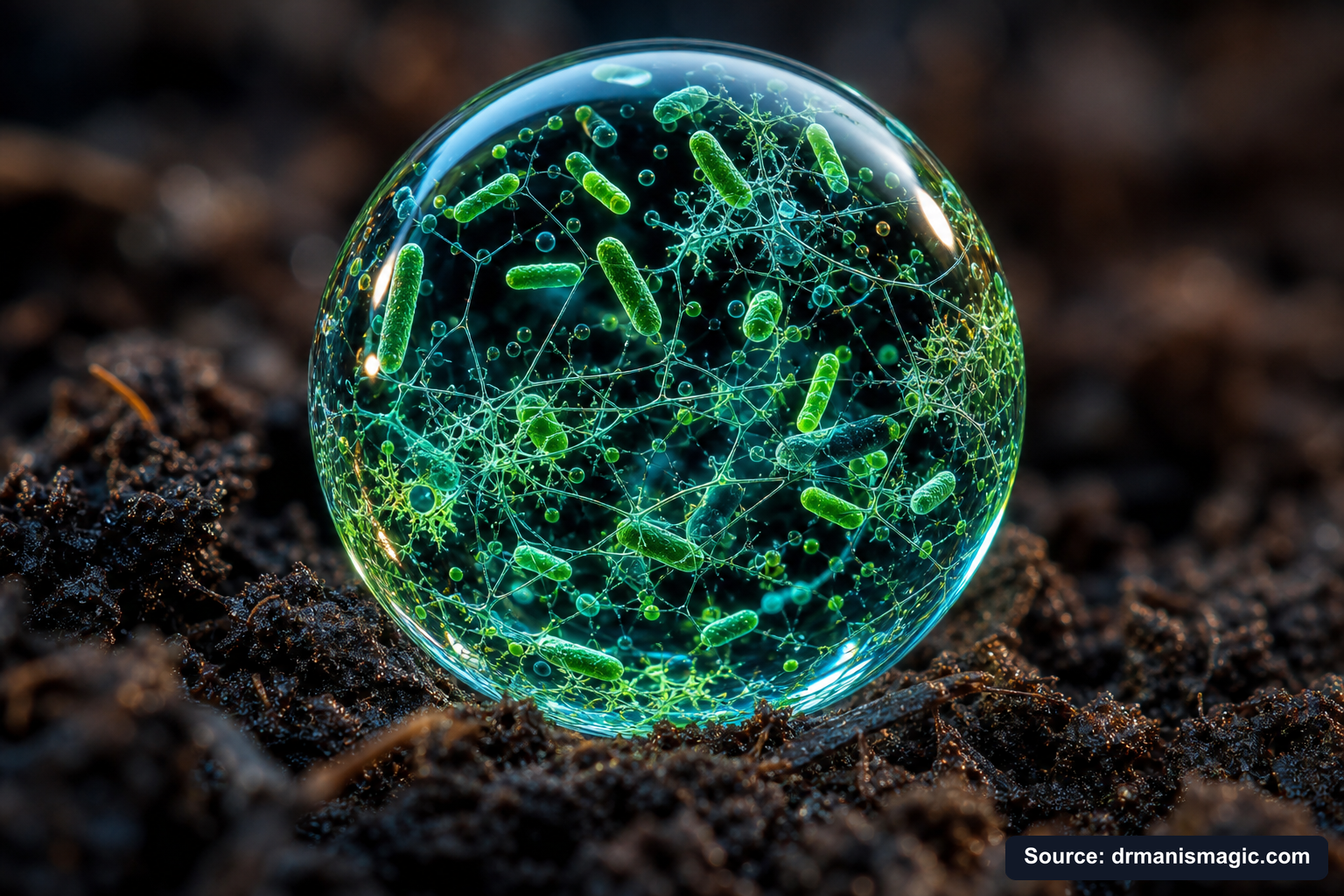 Close-up of live beneficial soil microbes and mycorrhizae fungi