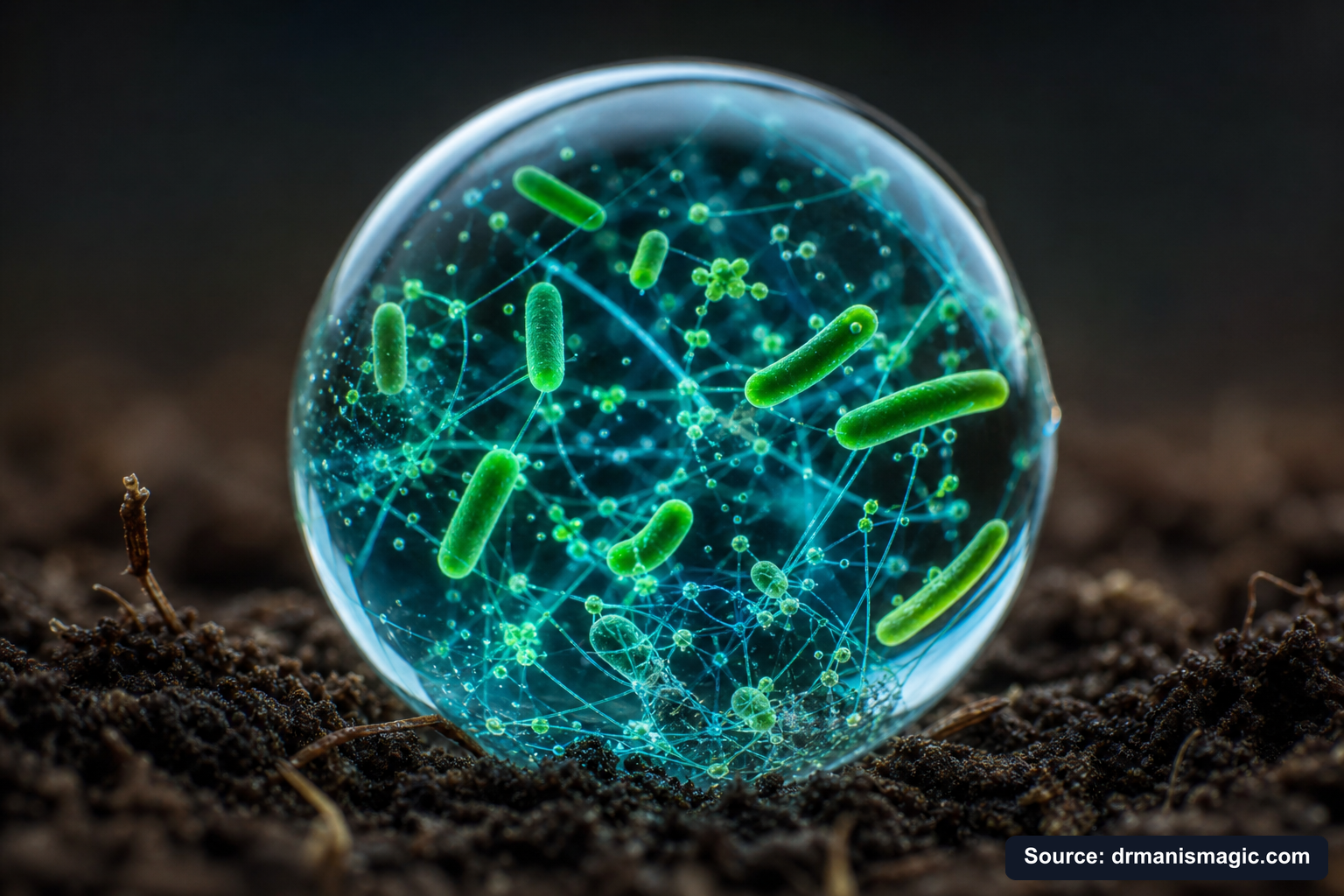 Close-up of live beneficial soil microbes and mycorrhizae fungi