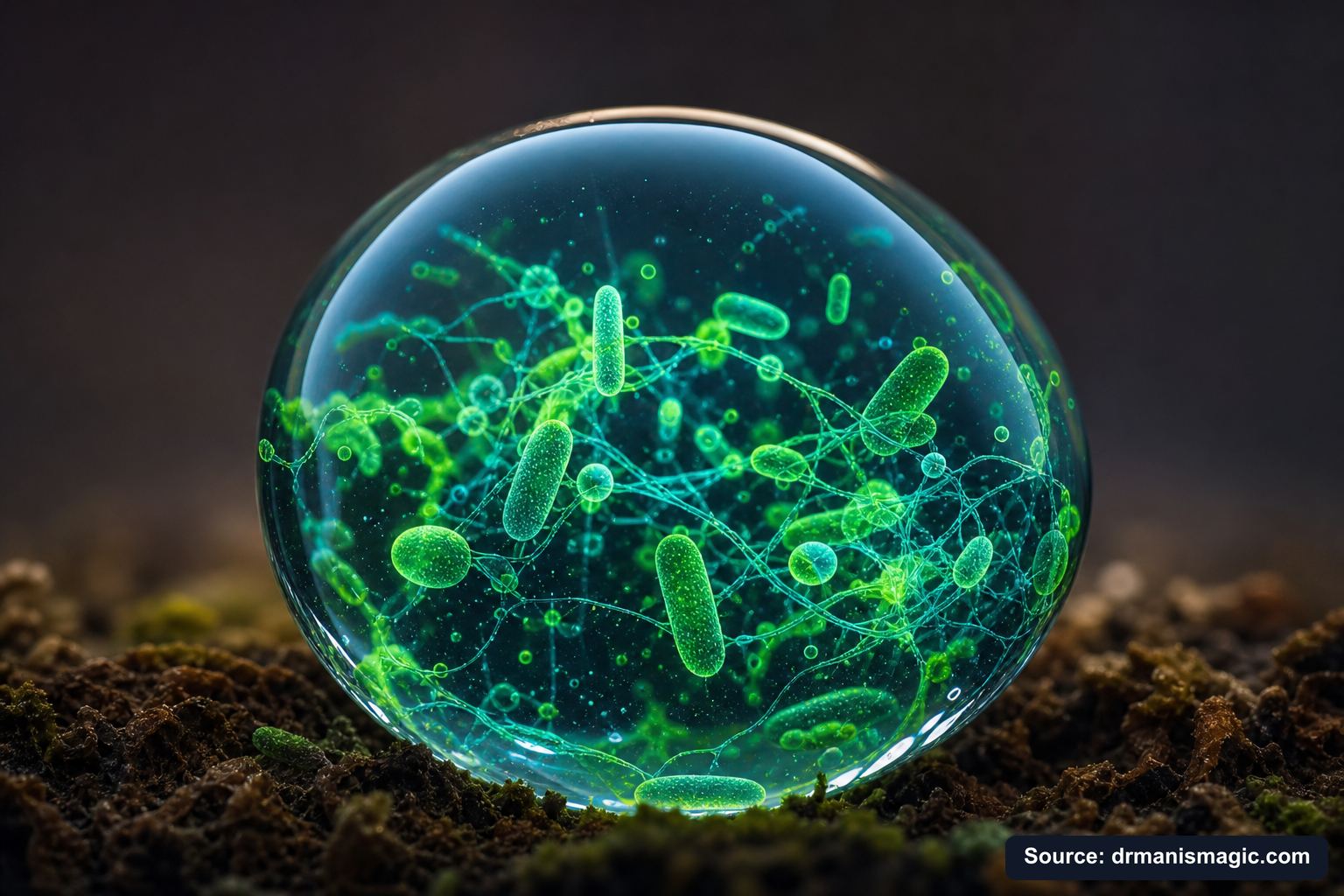 Close-up of live beneficial soil microbes and mycorrhizae fungi
