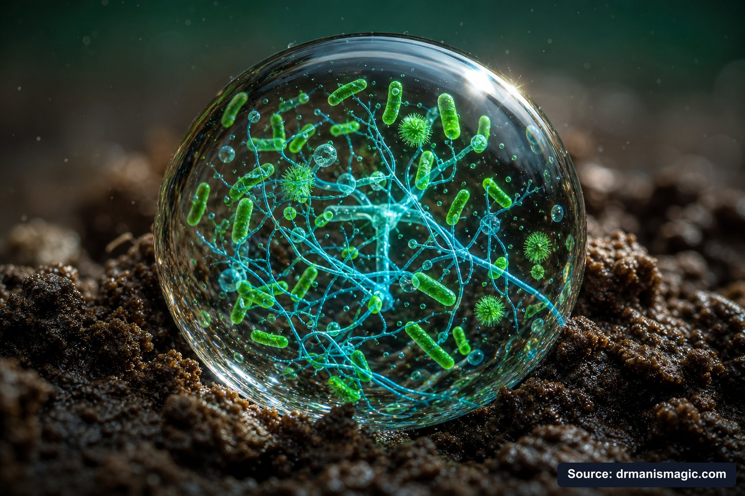 Close-up of live beneficial soil microbes and mycorrhizae fungi