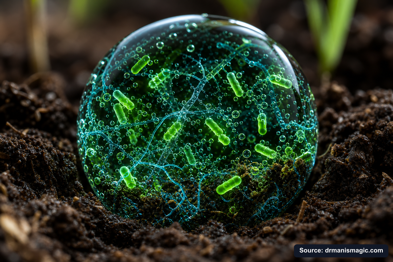Close-up of live beneficial soil microbes and mycorrhizae fungi