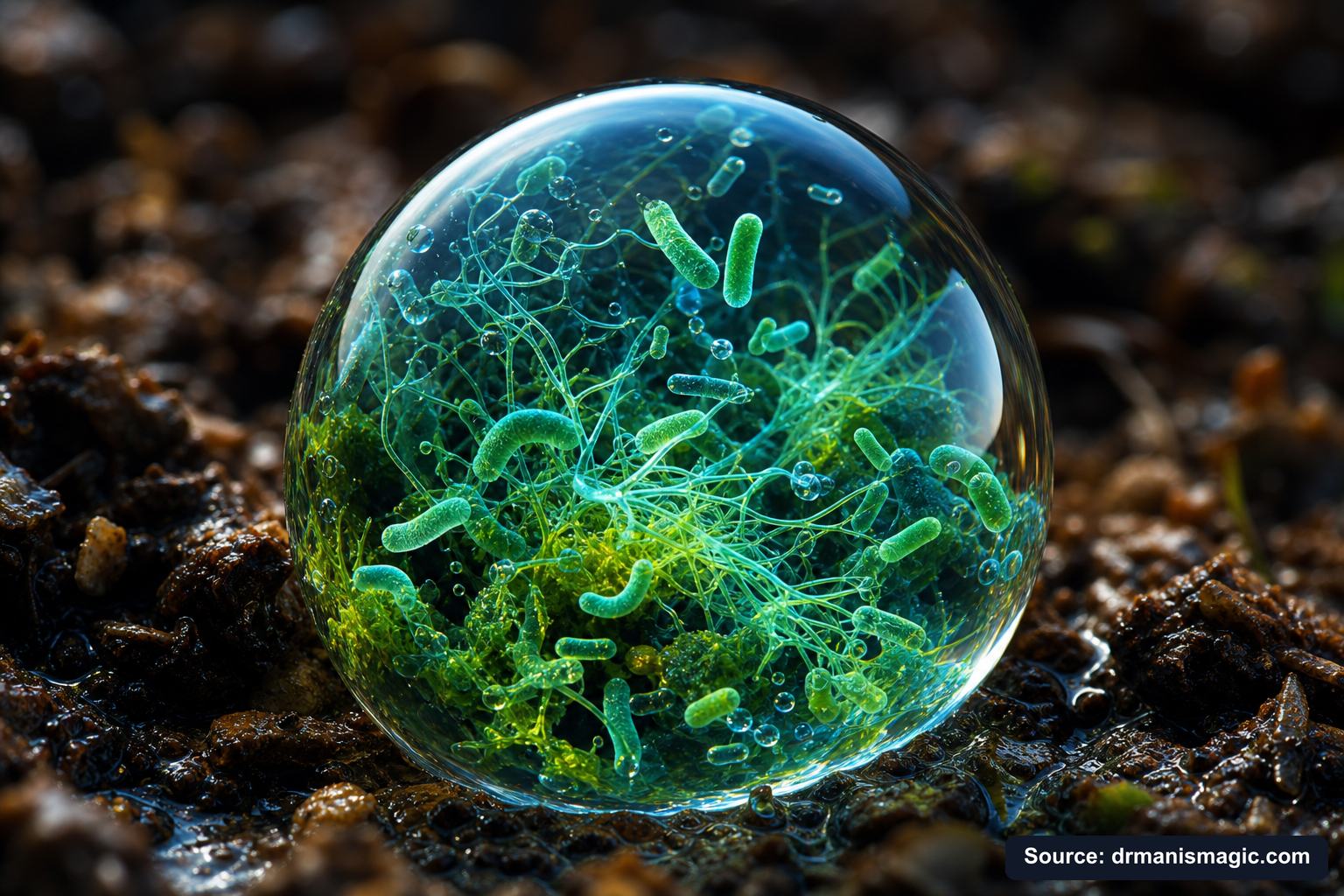 Close-up of live beneficial soil microbes and mycorrhizae fungi