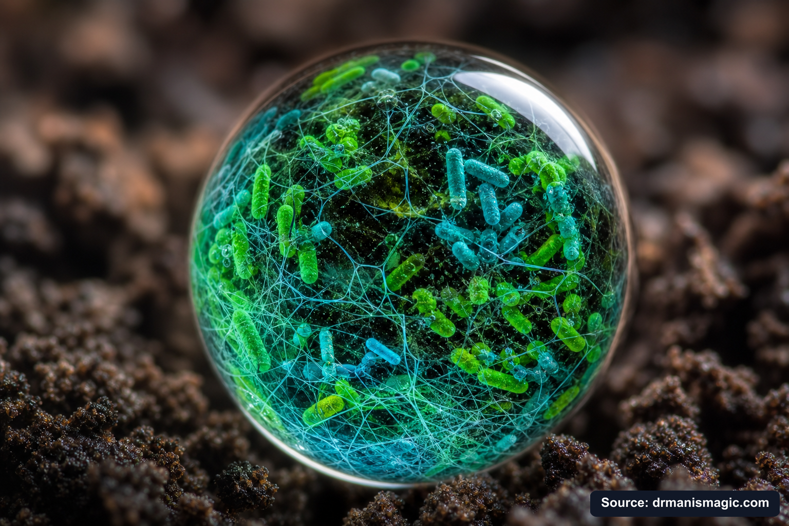 Close-up of live beneficial soil microbes and mycorrhizae fungi