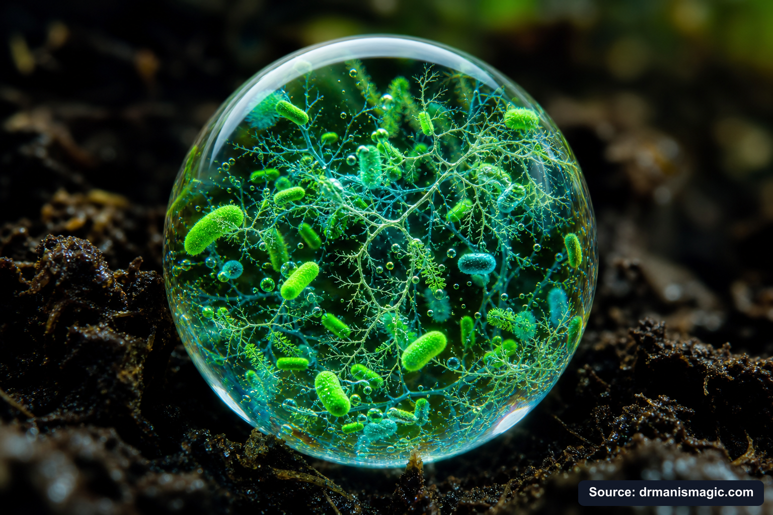 Close-up of live beneficial soil microbes and mycorrhizae fungi
