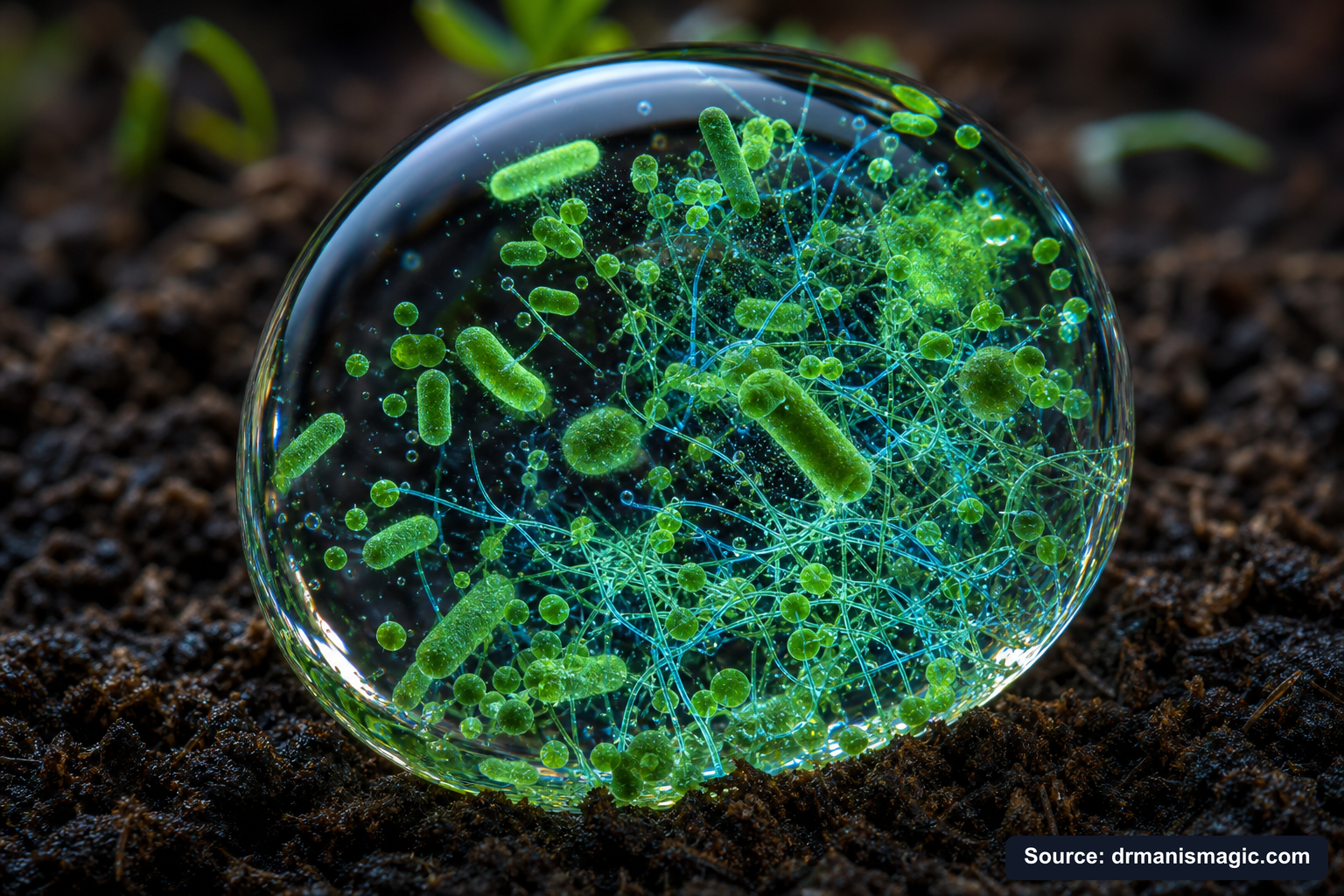 Close-up of live beneficial soil microbes and mycorrhizae fungi