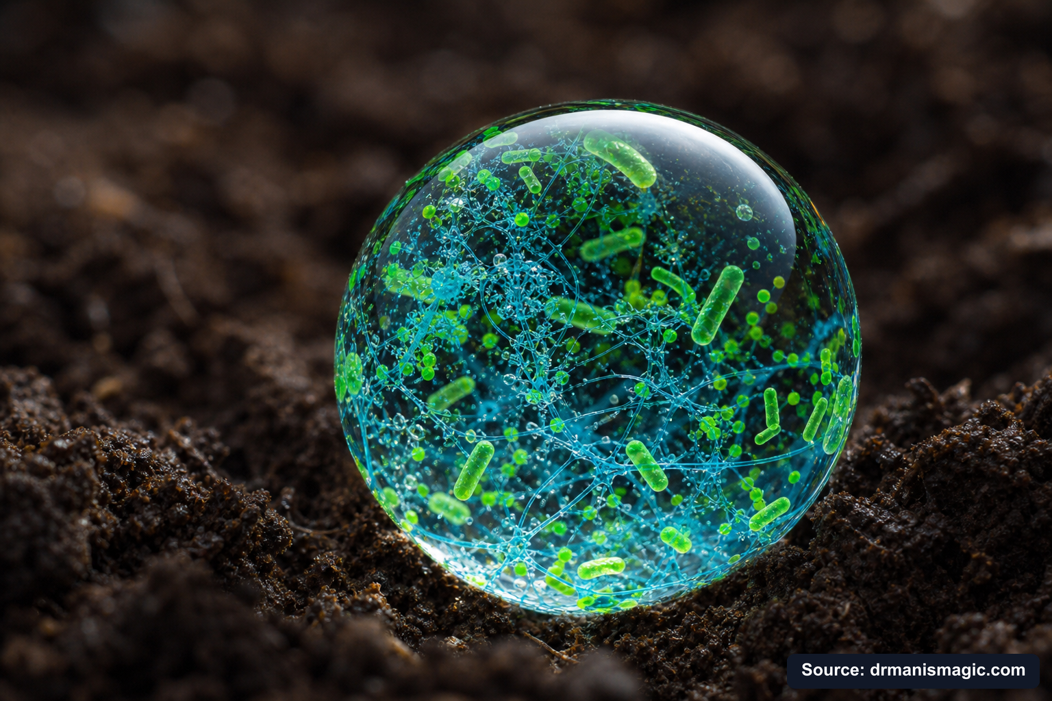 Close-up of live beneficial soil microbes and mycorrhizae fungi