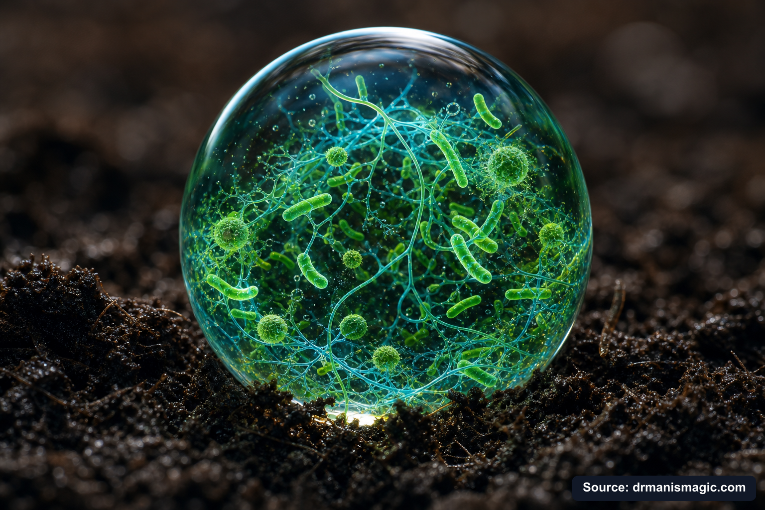 Close-up of live beneficial soil microbes and mycorrhizae fungi