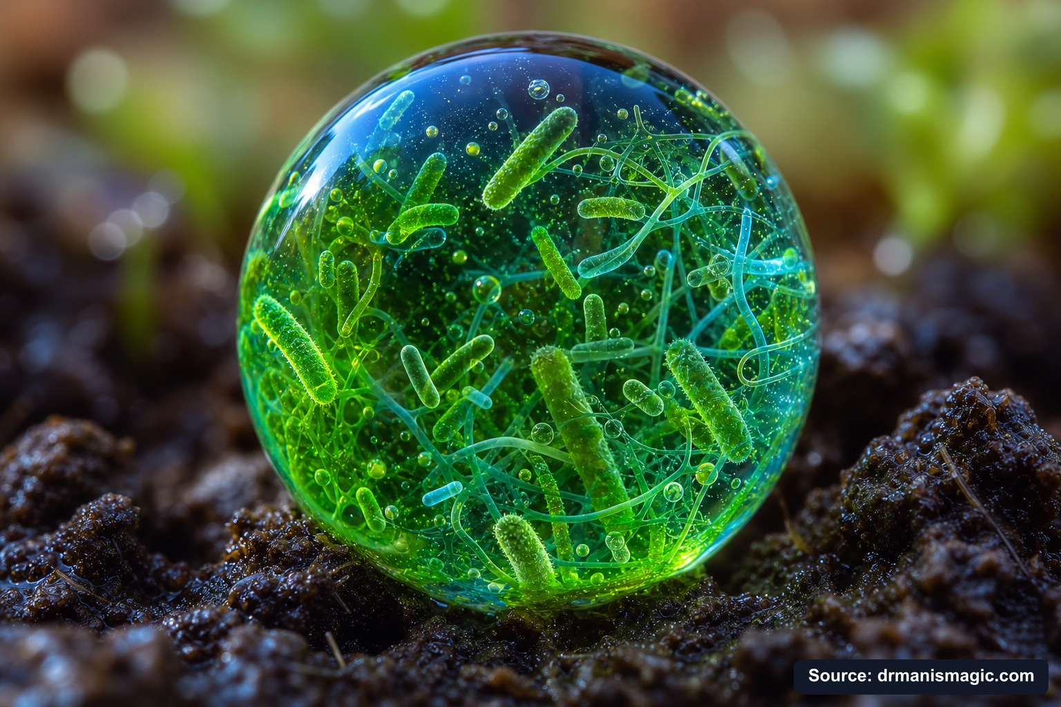 Close-up of live beneficial soil microbes and mycorrhizae fungi