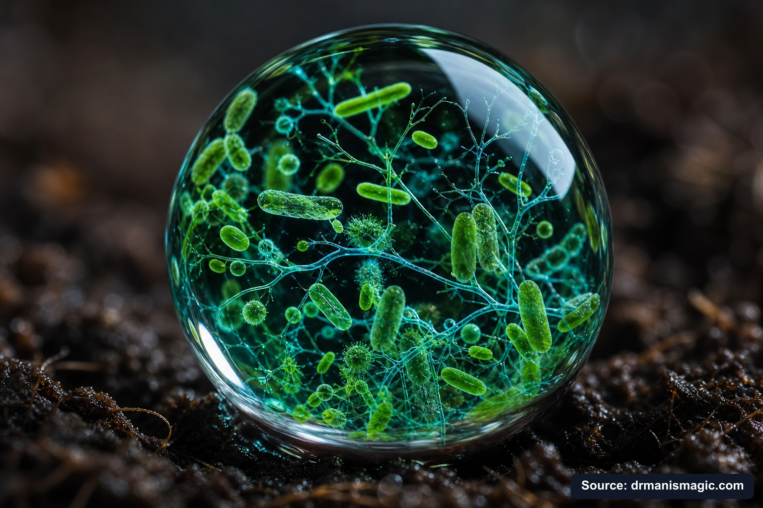 Close-up of live beneficial soil microbes and mycorrhizae fungi