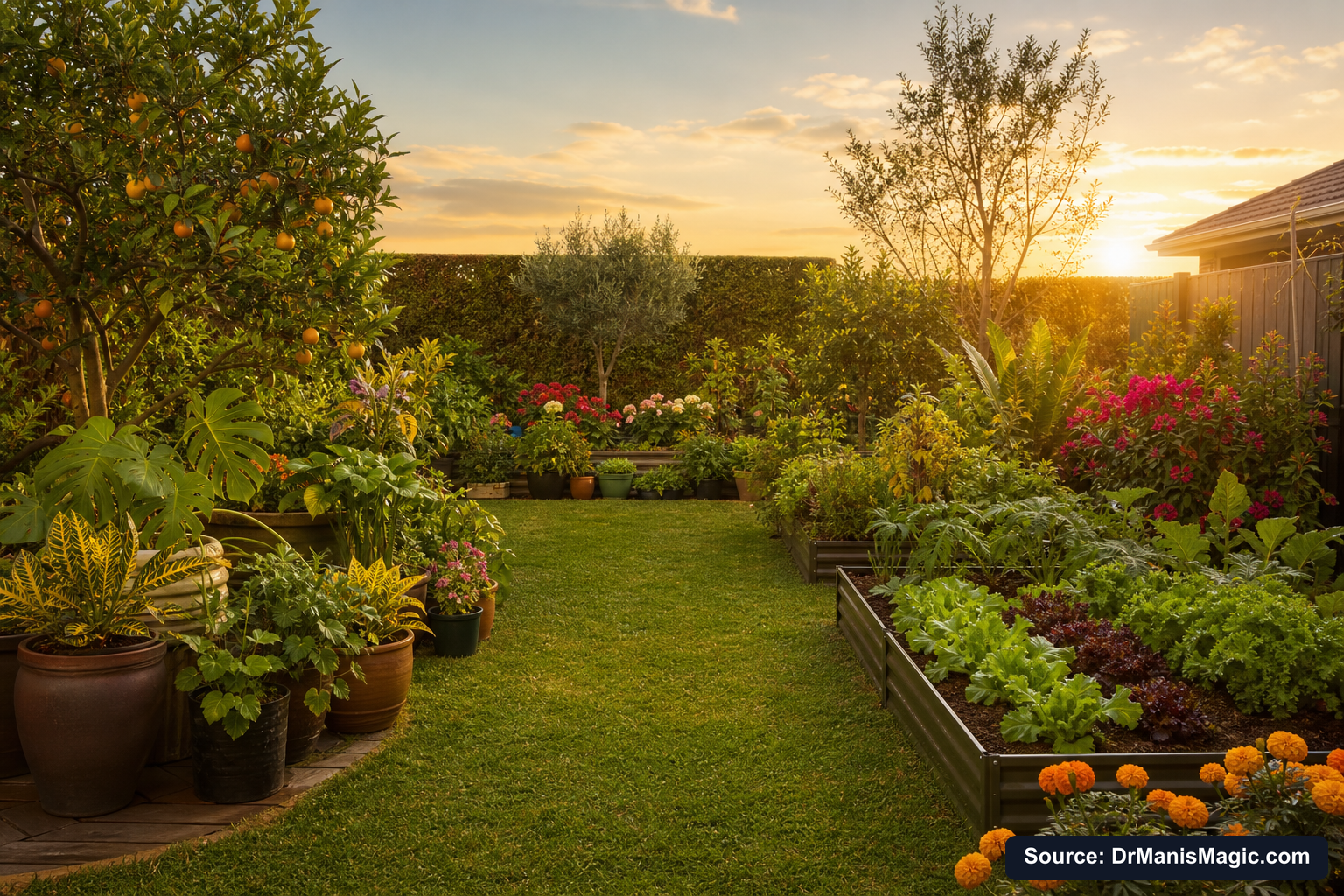 Lush, thriving backyard garden full of healthy plants and trees