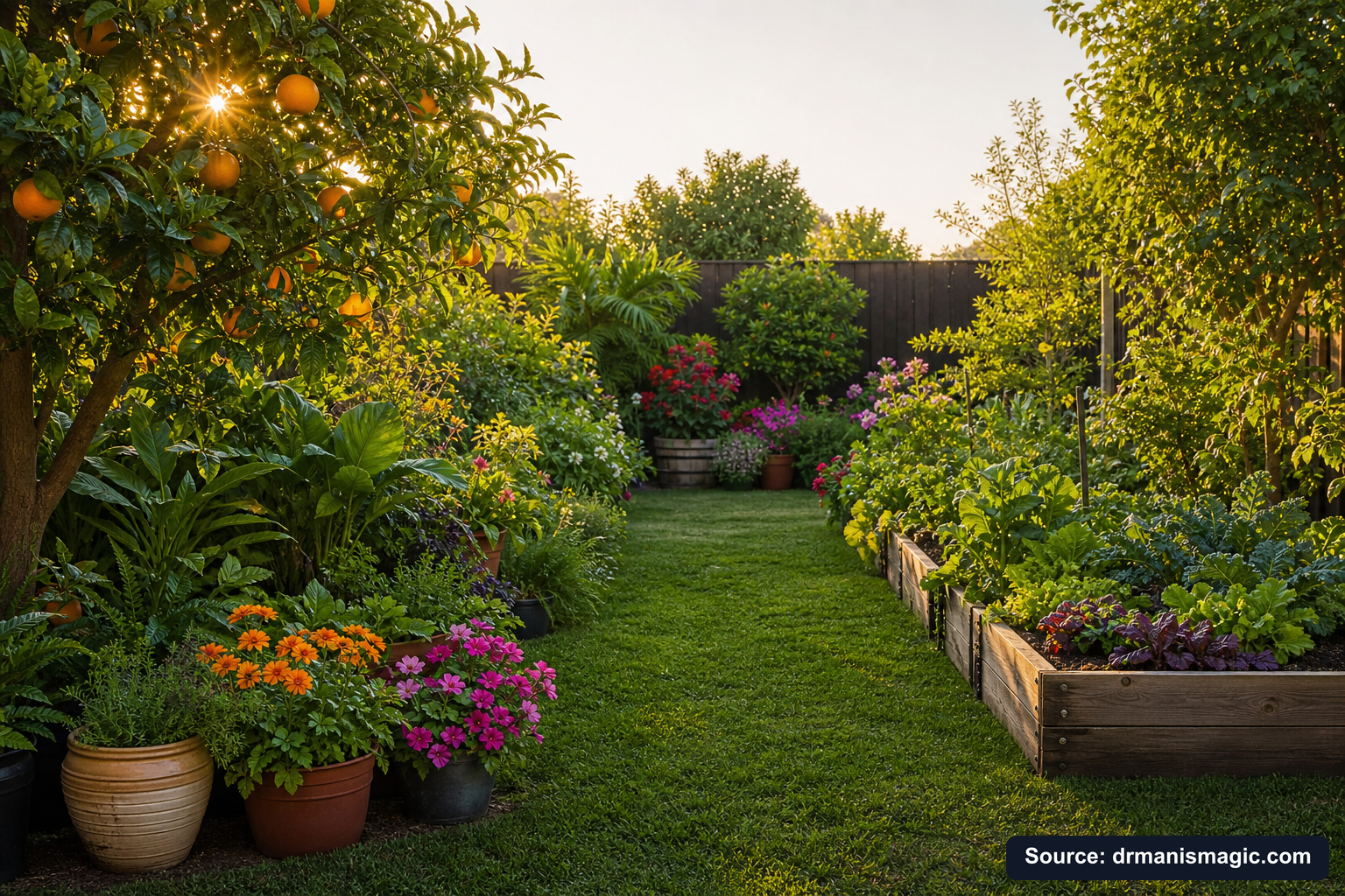 Lush, thriving backyard garden full of healthy plants and trees