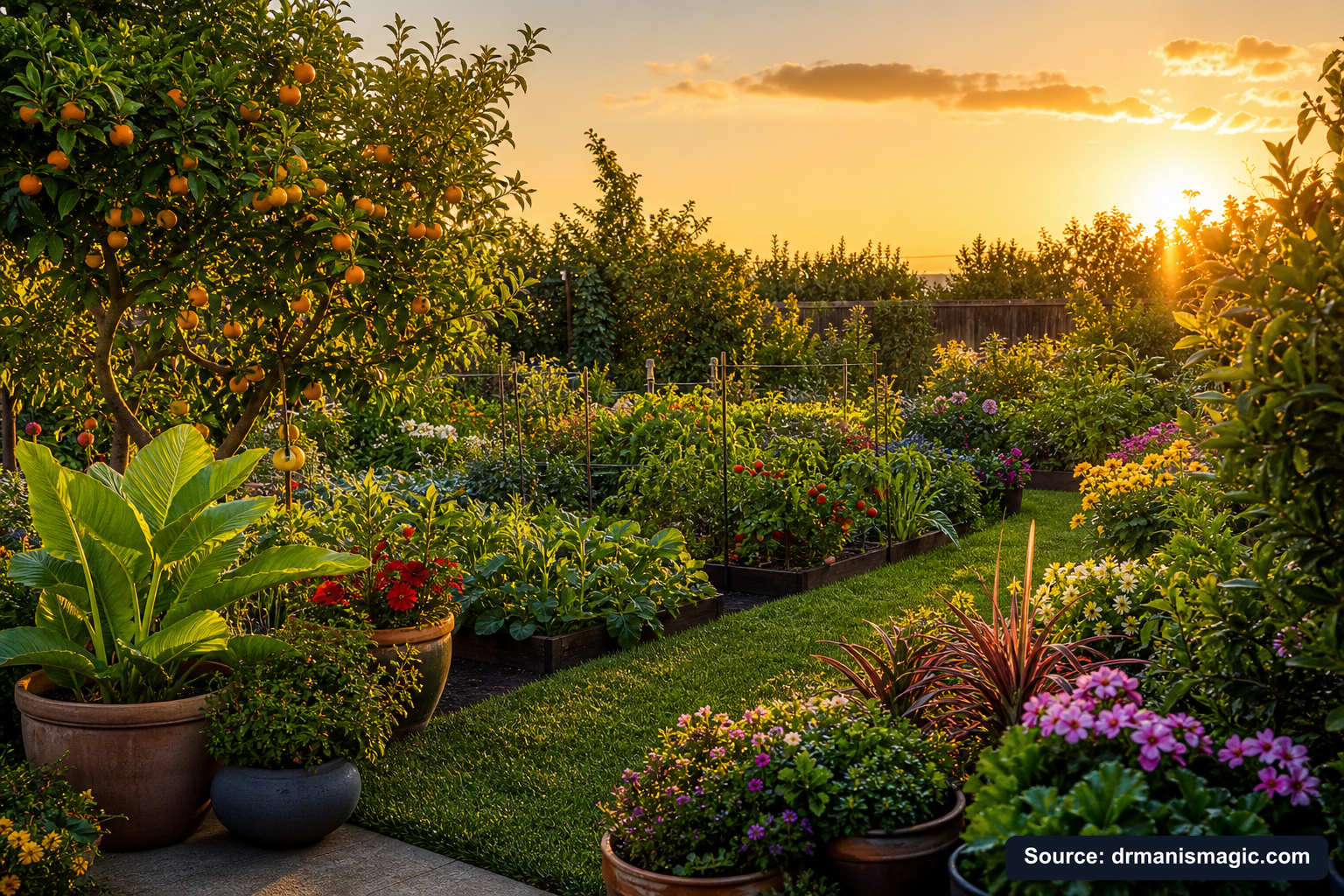 Lush, thriving backyard garden full of healthy plants and trees