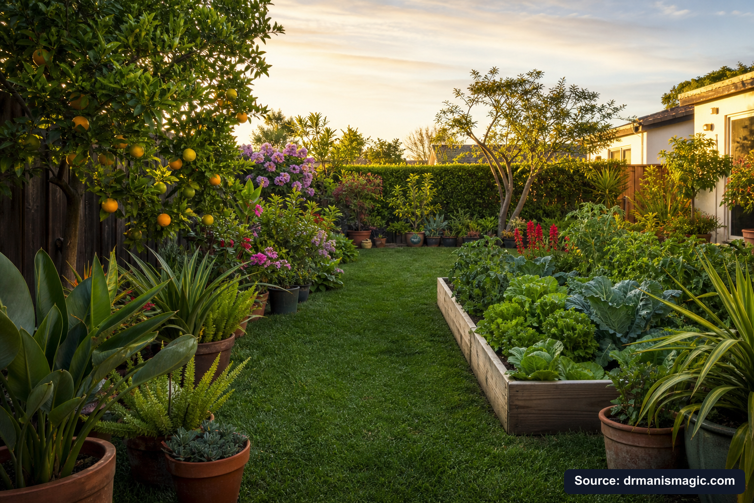 Lush, thriving backyard garden full of healthy plants and trees