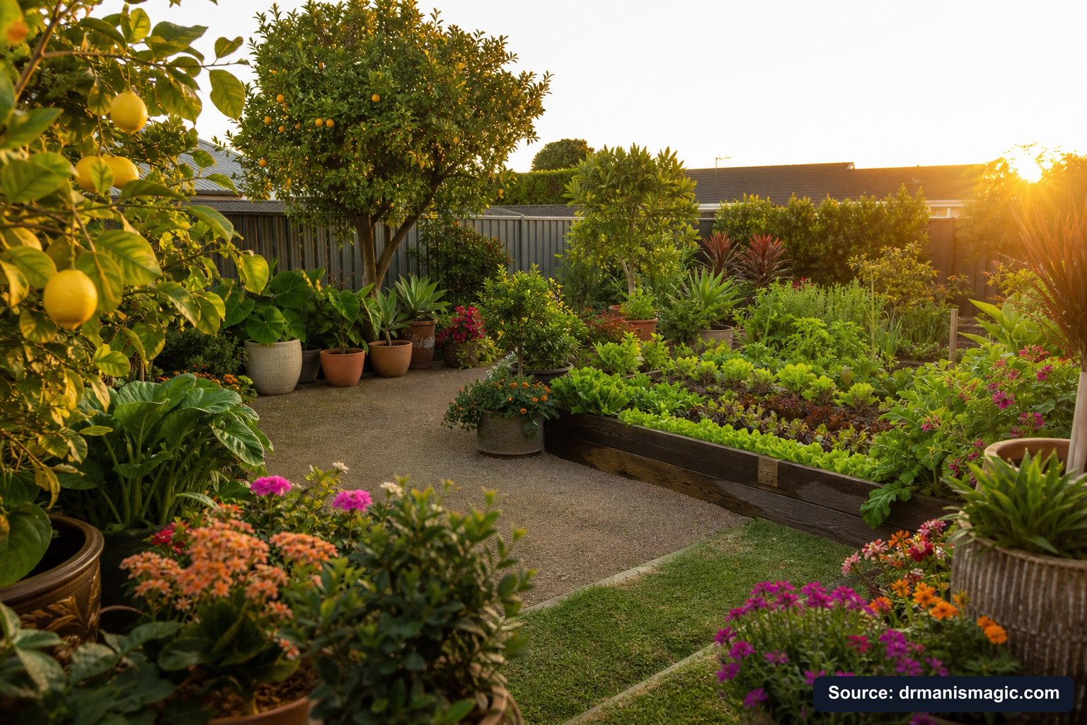 Lush, thriving backyard garden full of healthy plants and trees