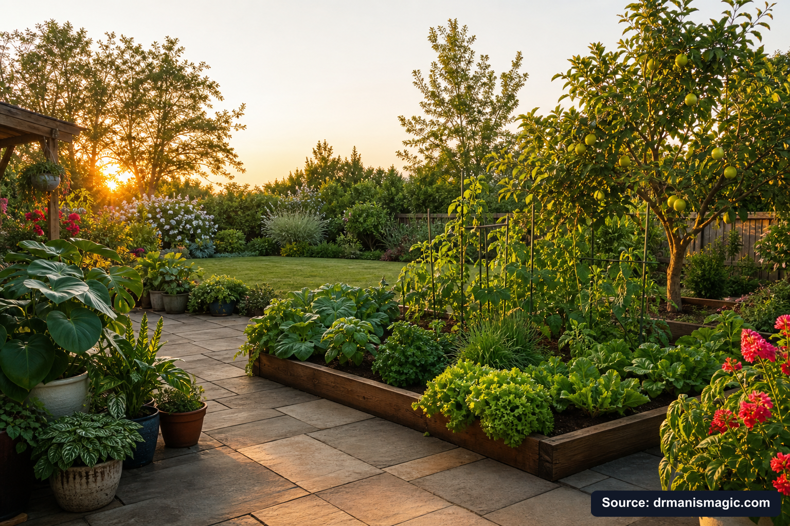 Lush, thriving backyard garden full of healthy plants and trees