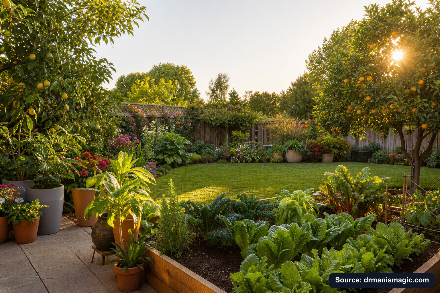 Lush, thriving backyard garden full of healthy plants and trees