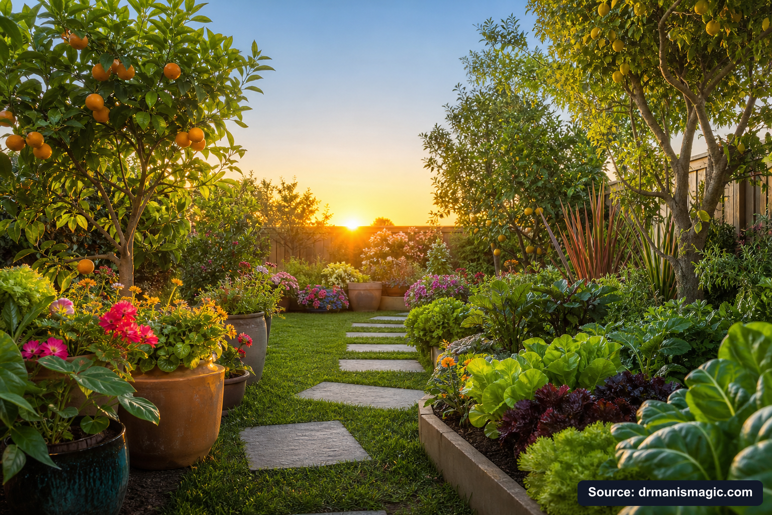 Lush, thriving backyard garden full of healthy plants and trees