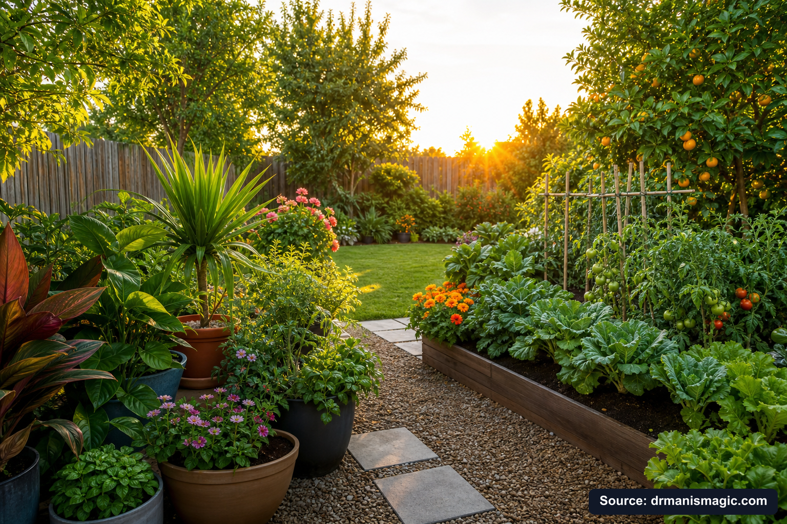Lush, thriving backyard garden full of healthy plants and trees