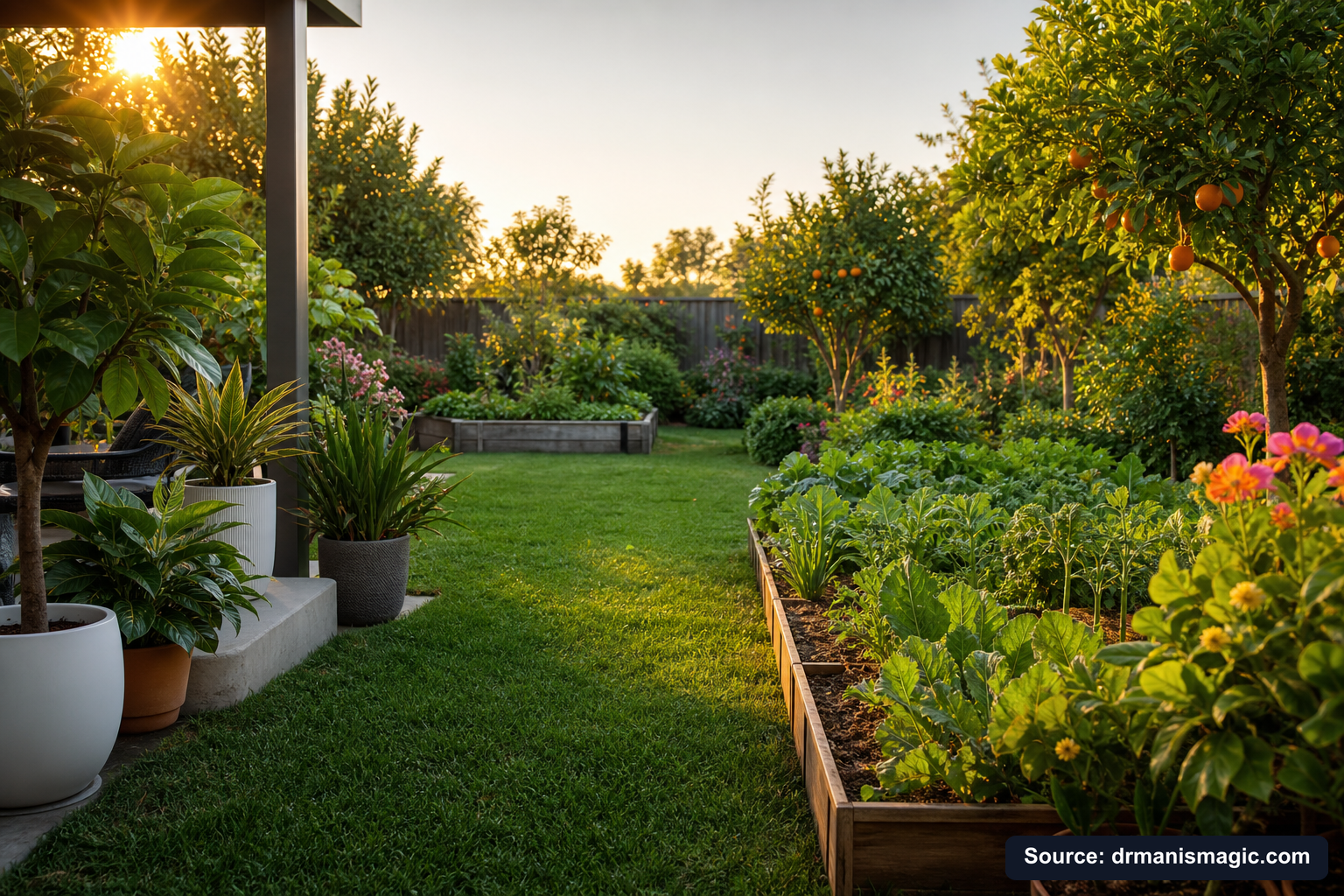 Lush, thriving backyard garden full of healthy plants and trees