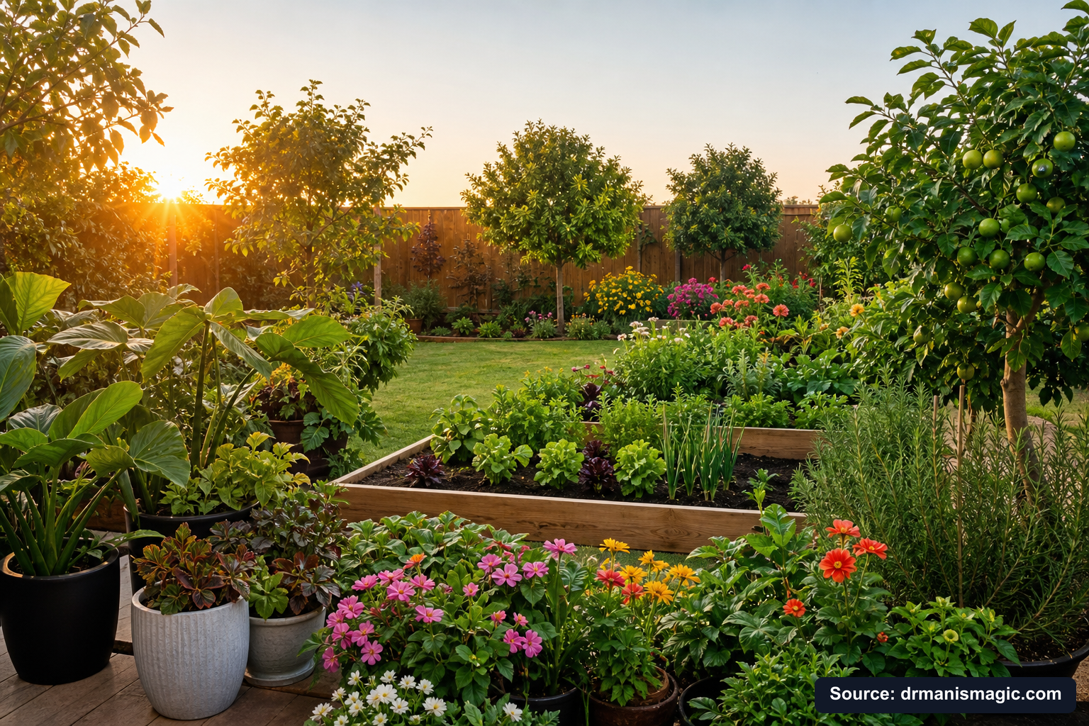 Lush, thriving backyard garden full of healthy plants and trees