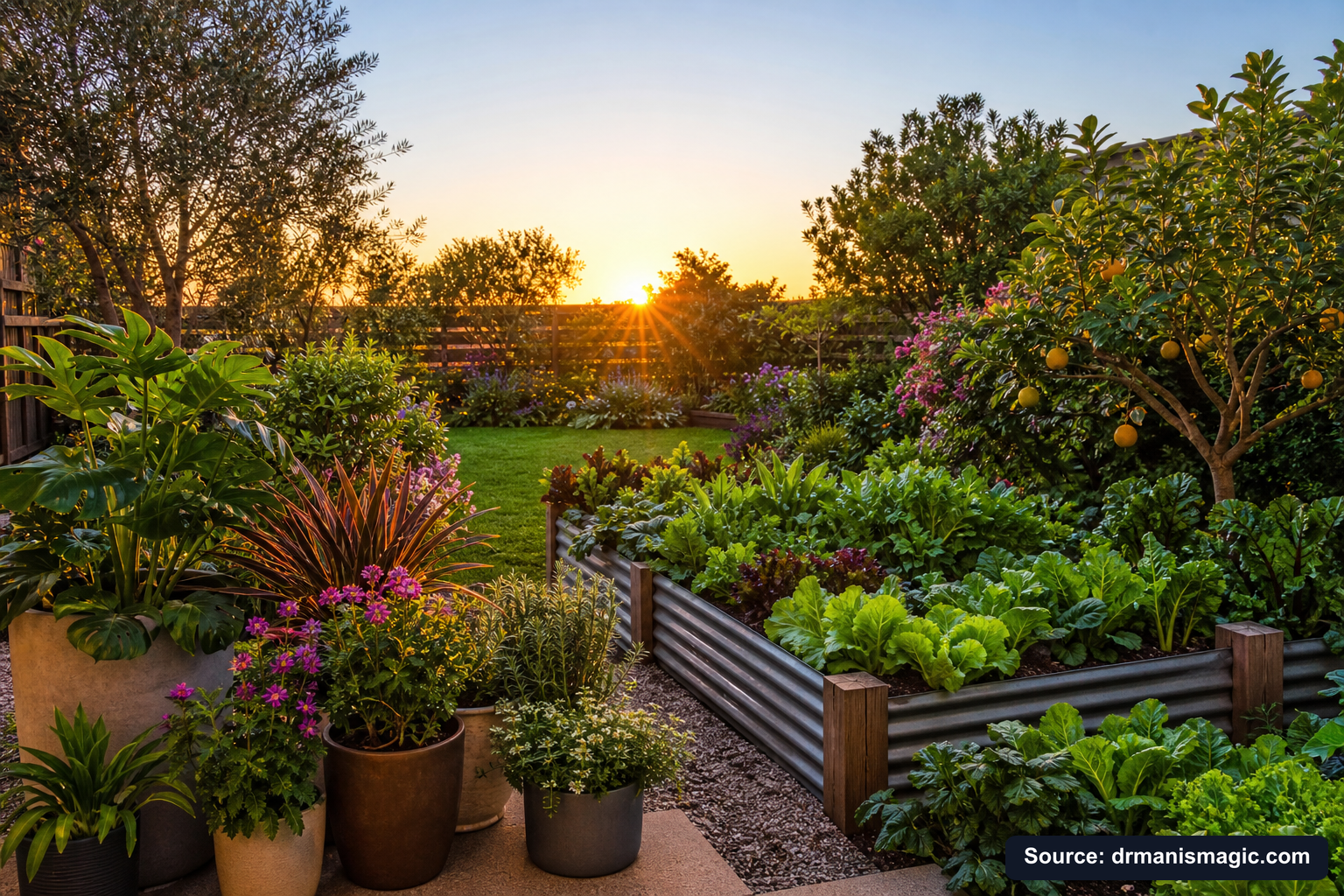 Lush, thriving backyard garden full of healthy plants and trees