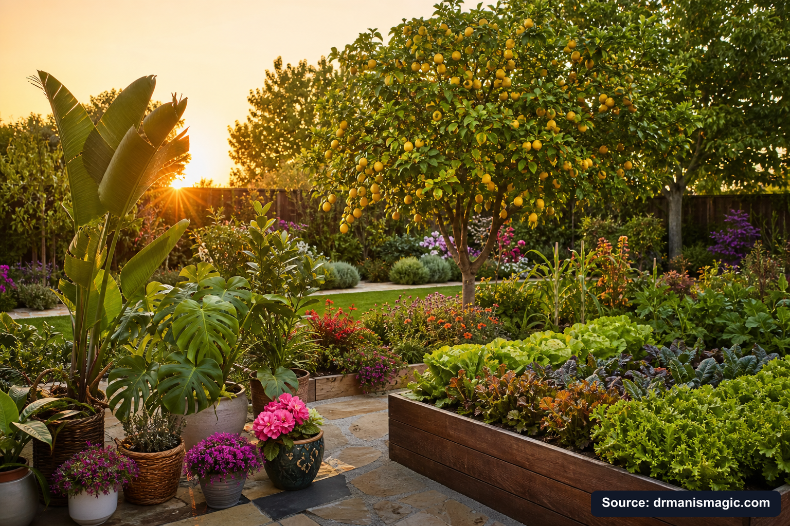 Lush, thriving backyard garden full of healthy plants and trees