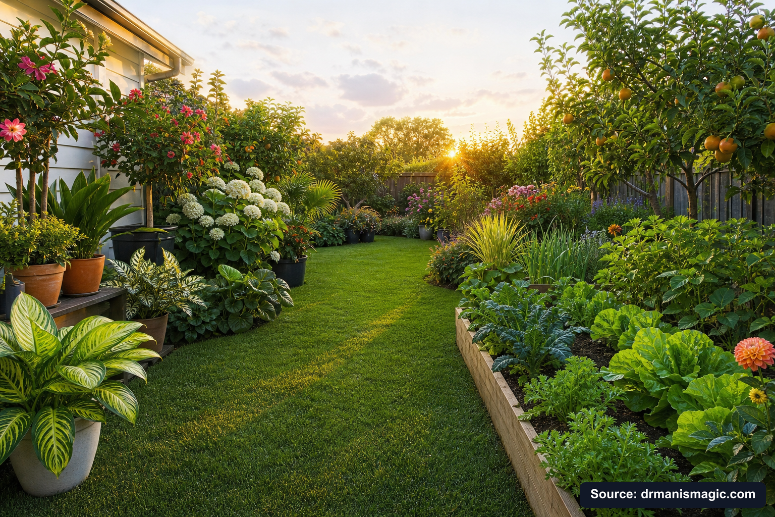 Lush, thriving backyard garden full of healthy plants and trees