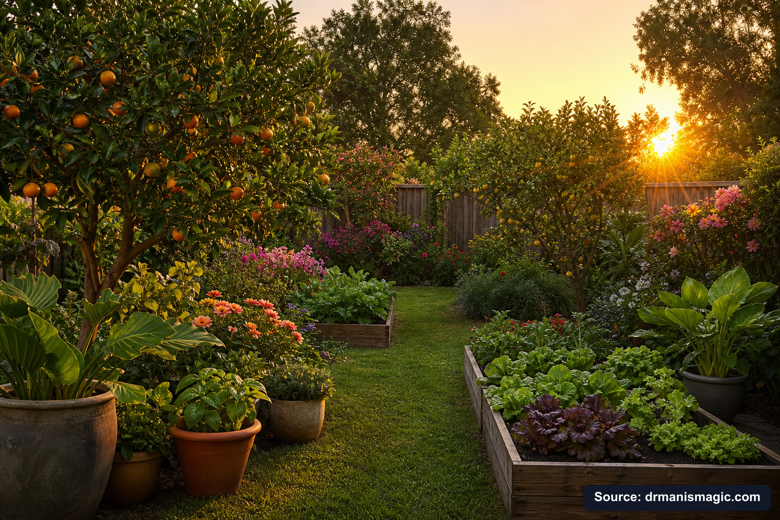 Lush, thriving backyard garden full of healthy plants and trees