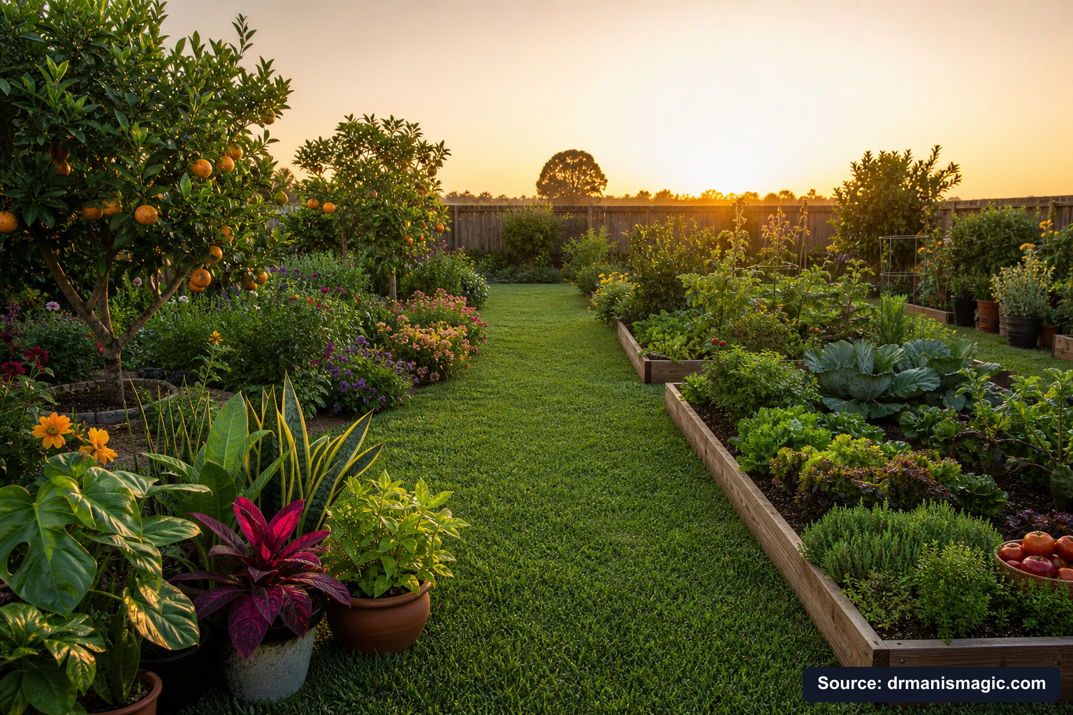 Lush, thriving backyard garden full of healthy plants and trees