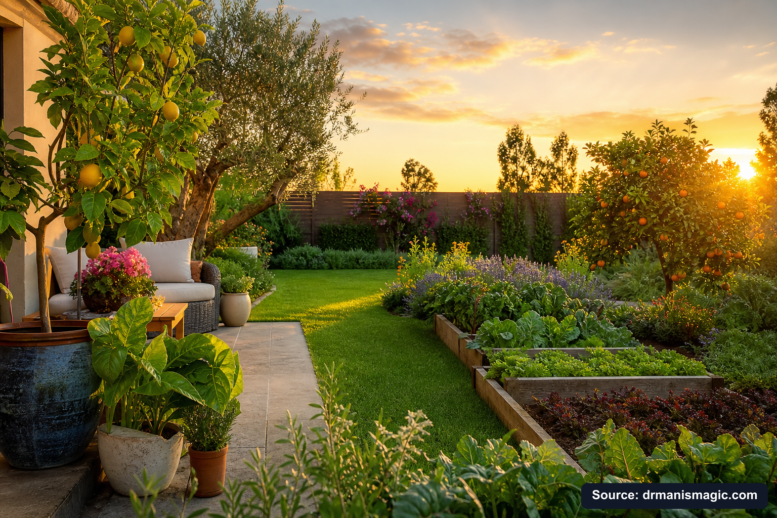 Lush, thriving backyard garden full of healthy plants and trees