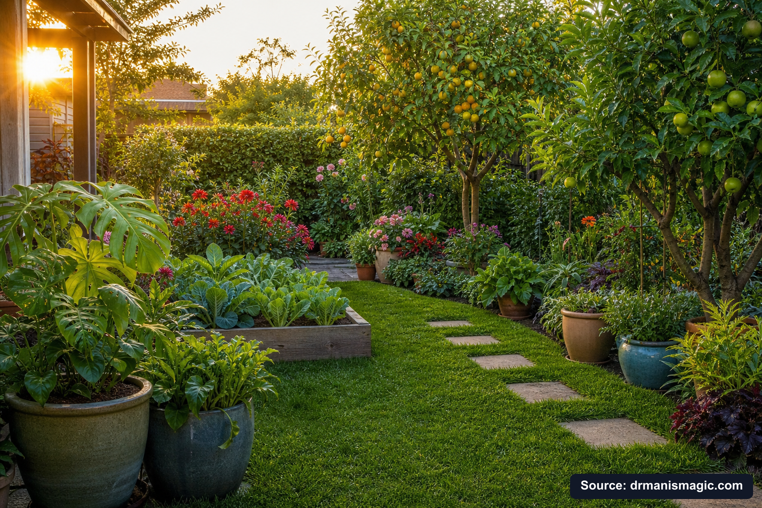 Lush, thriving backyard garden full of healthy plants and trees