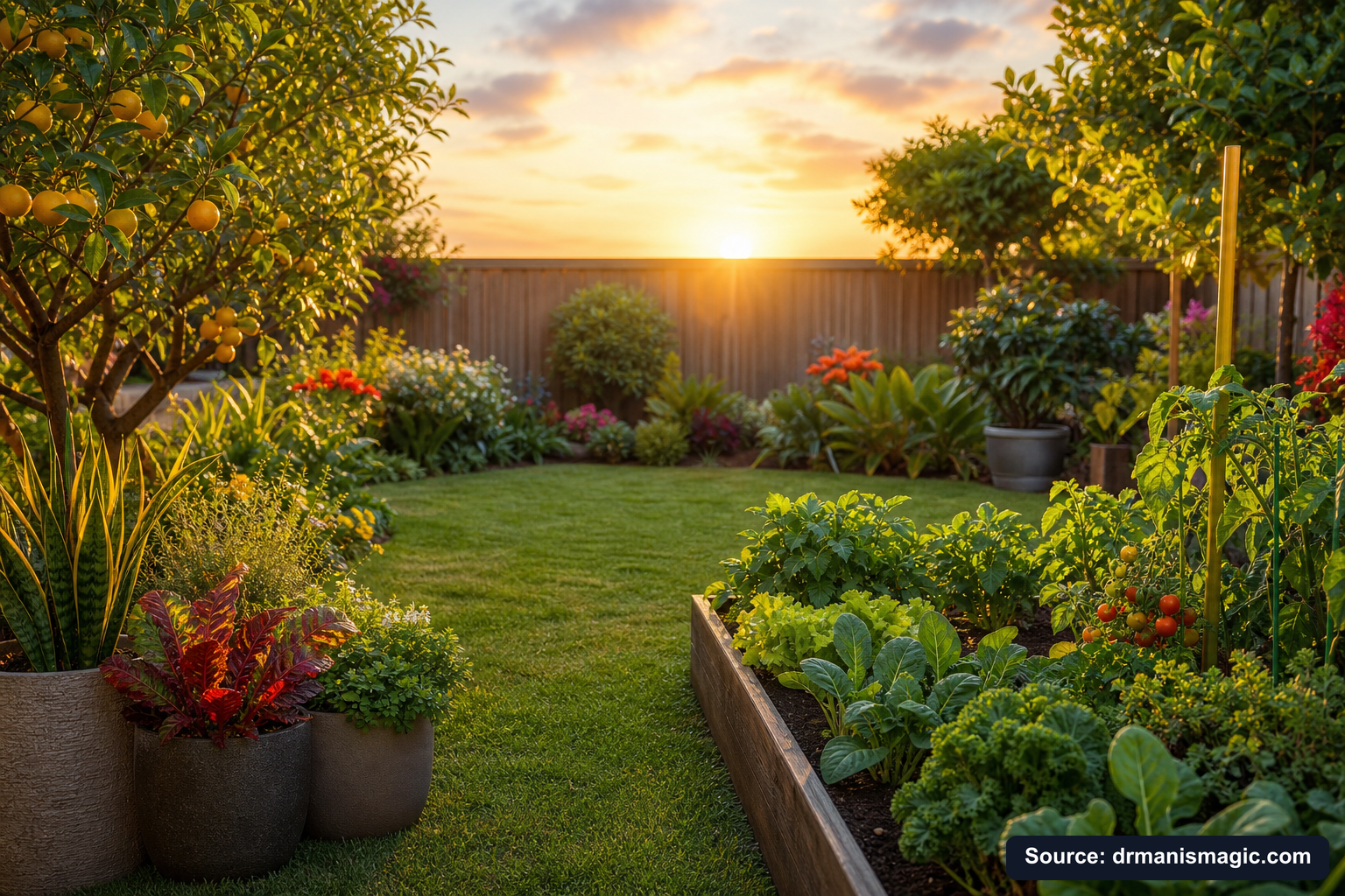 Lush, thriving backyard garden full of healthy plants and trees