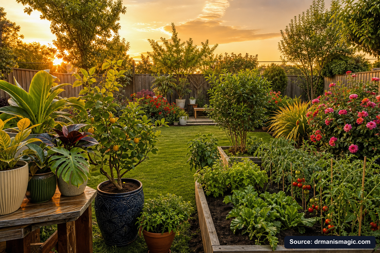 Lush, thriving backyard garden full of healthy plants and trees