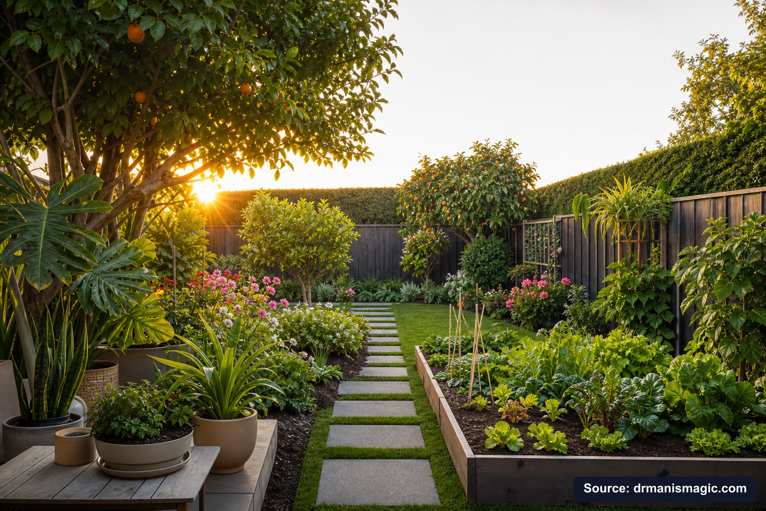 Lush, thriving backyard garden full of healthy plants and trees
