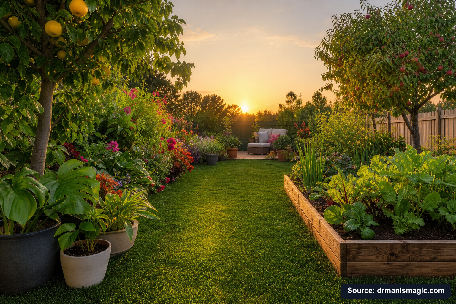 Lush, thriving backyard garden full of healthy plants and trees