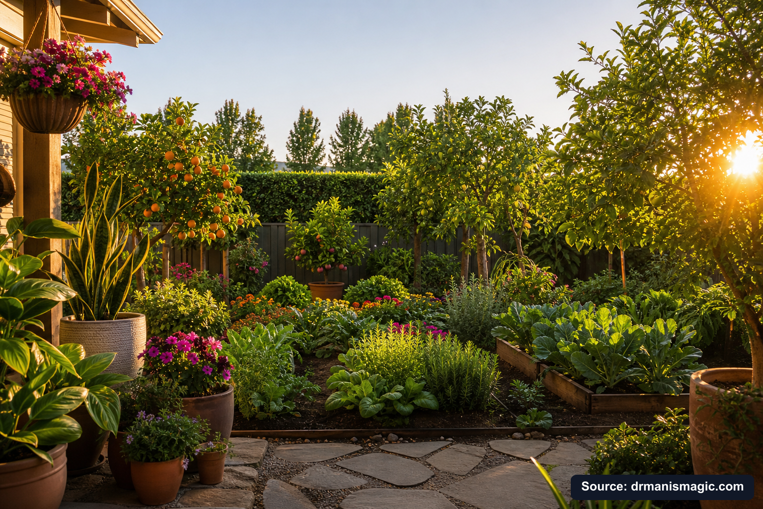 Lush, thriving backyard garden full of healthy plants and trees