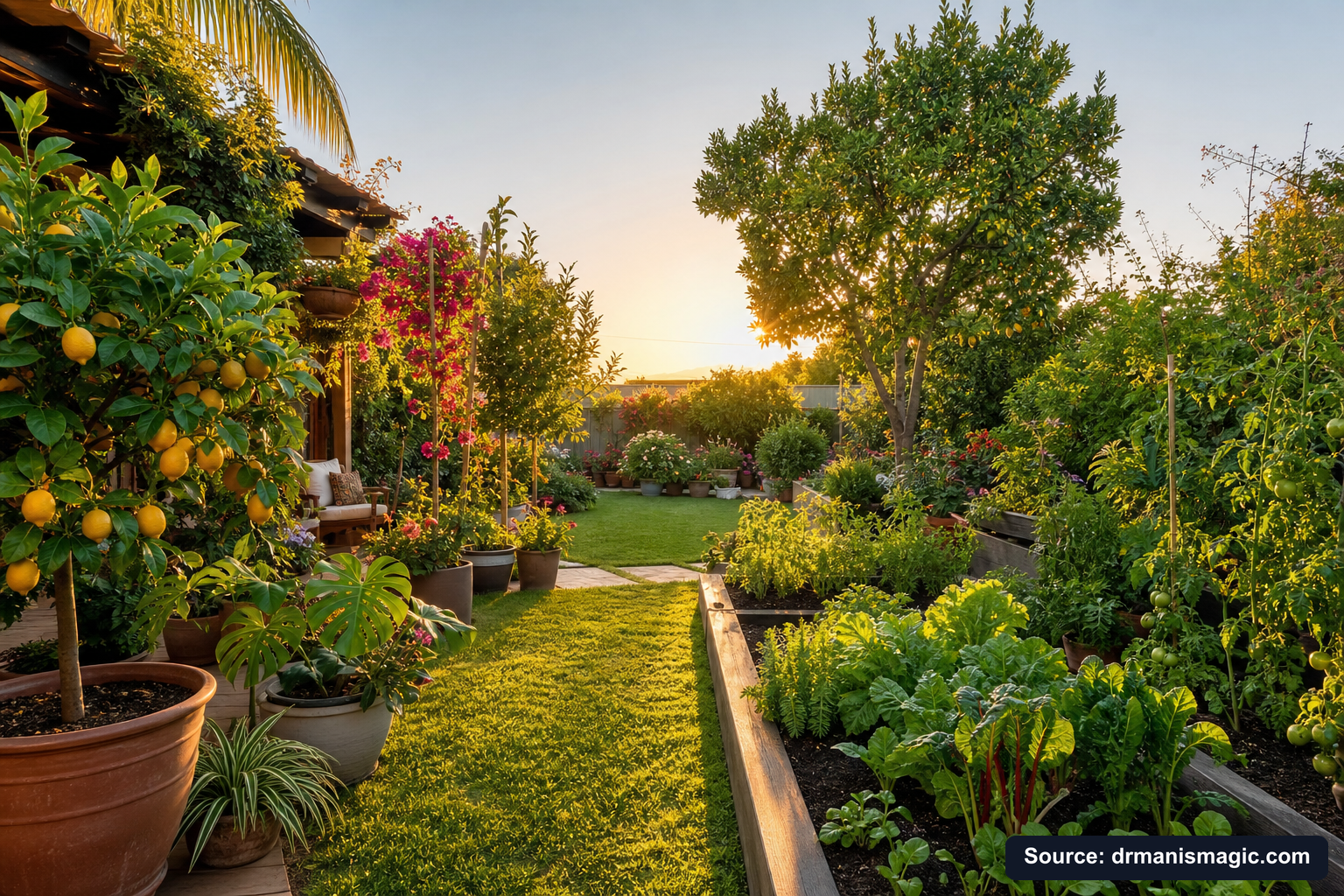 Lush, thriving backyard garden full of healthy plants and trees