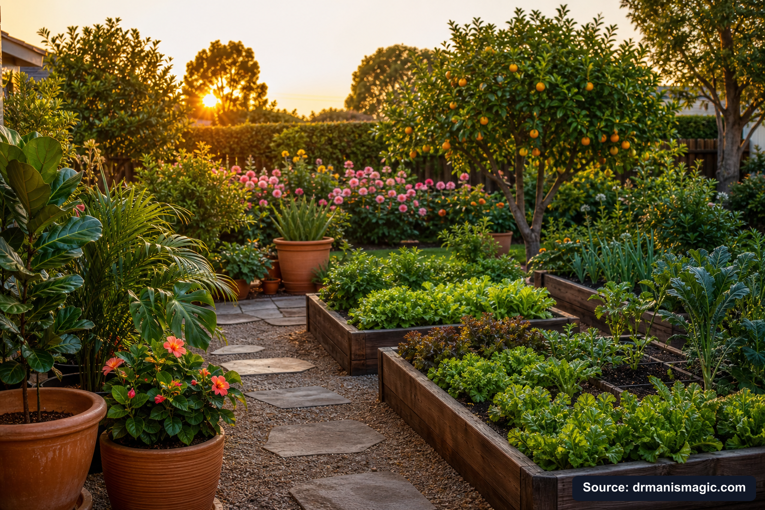 Lush, thriving backyard garden full of healthy plants and trees