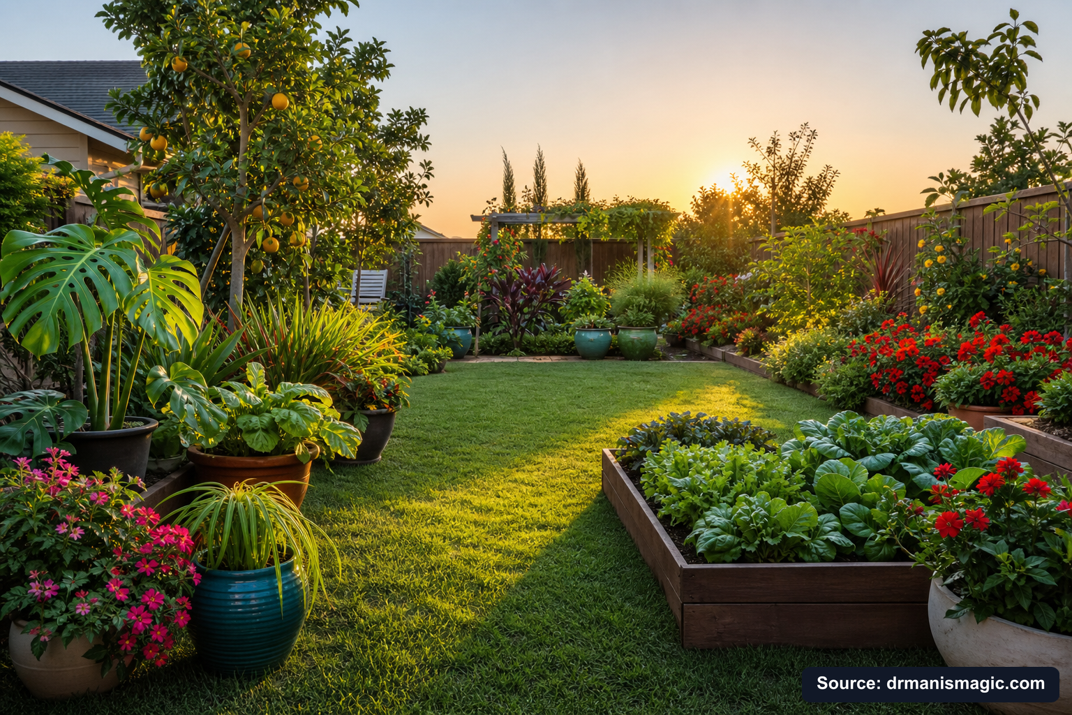 Lush, thriving backyard garden full of healthy plants and trees