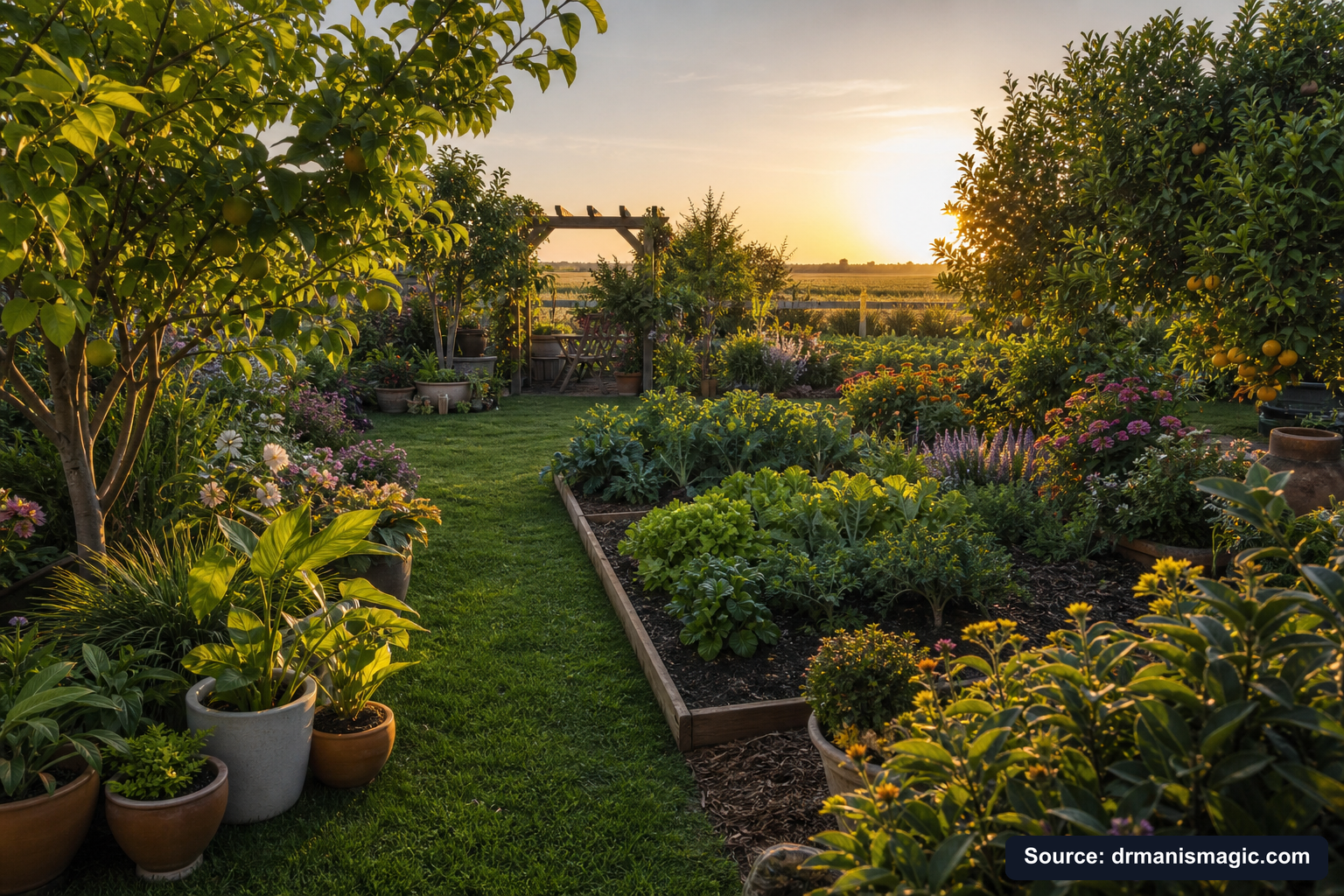 Lush, thriving backyard garden full of healthy plants and trees