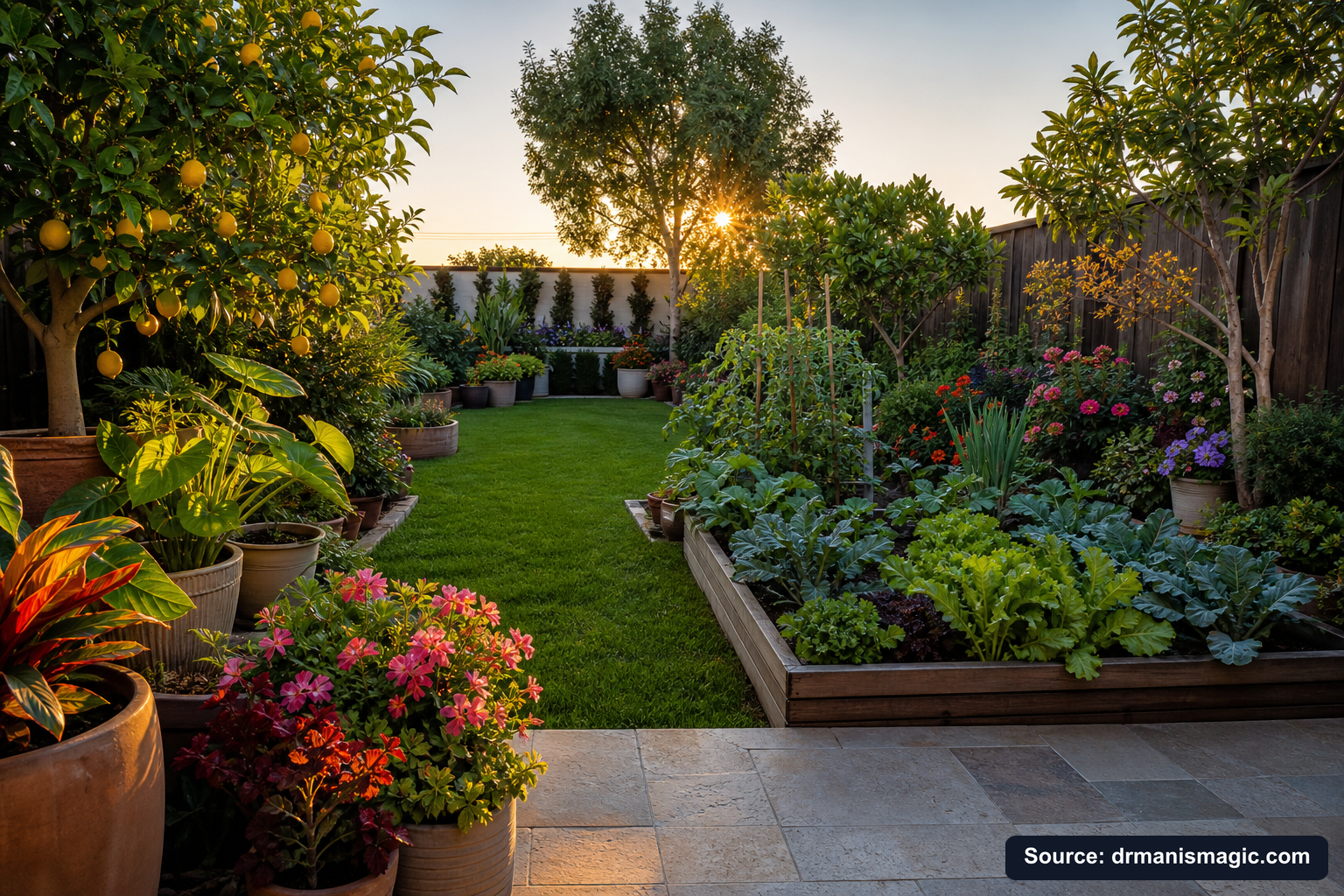 Lush, thriving backyard garden full of healthy plants and trees