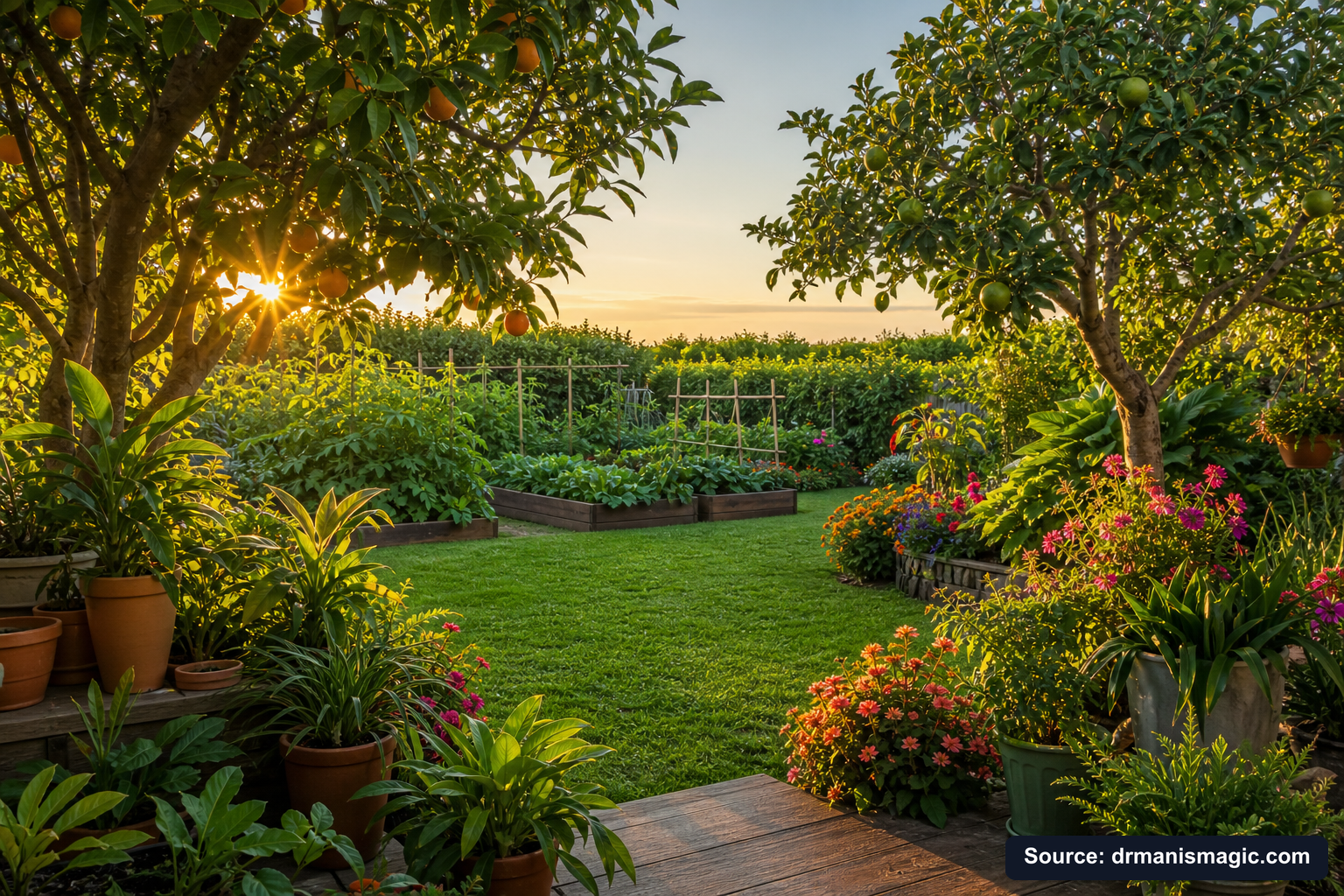 Lush, thriving backyard garden full of healthy plants and trees