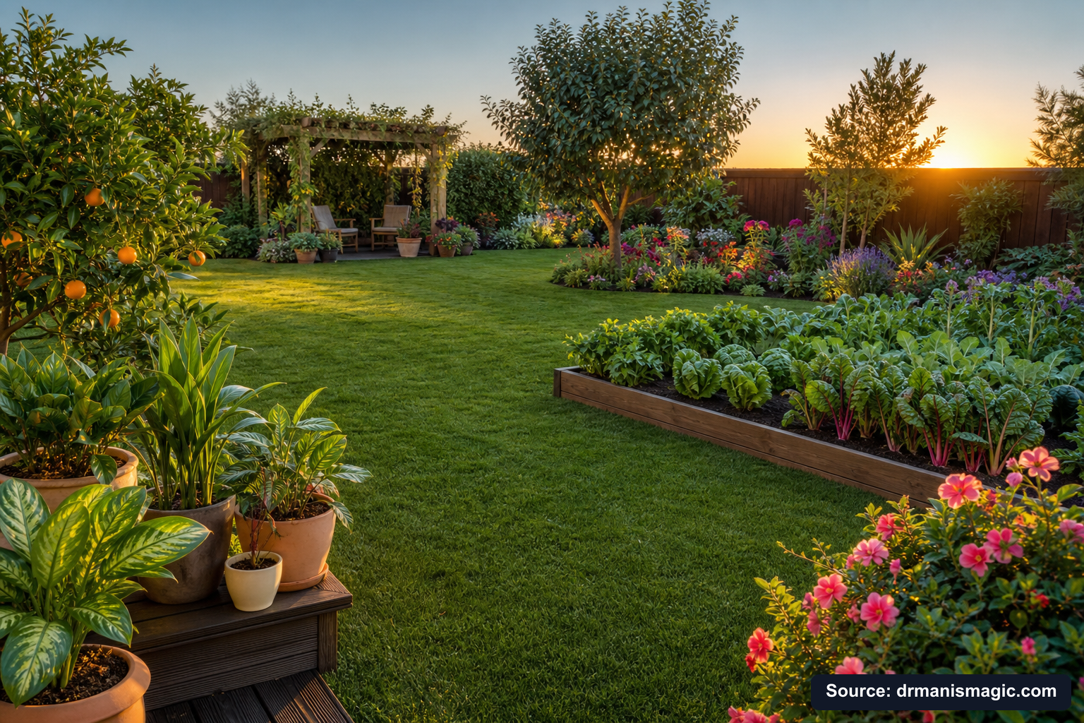 Lush, thriving backyard garden full of healthy plants and trees