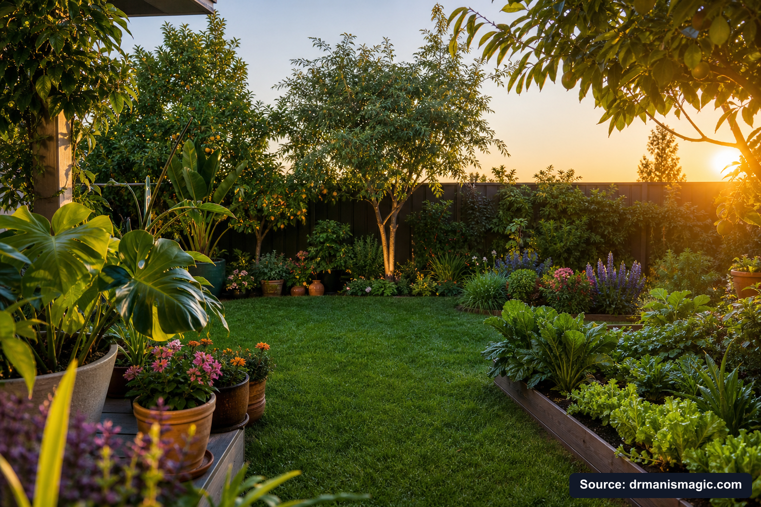 Lush, thriving backyard garden full of healthy plants and trees