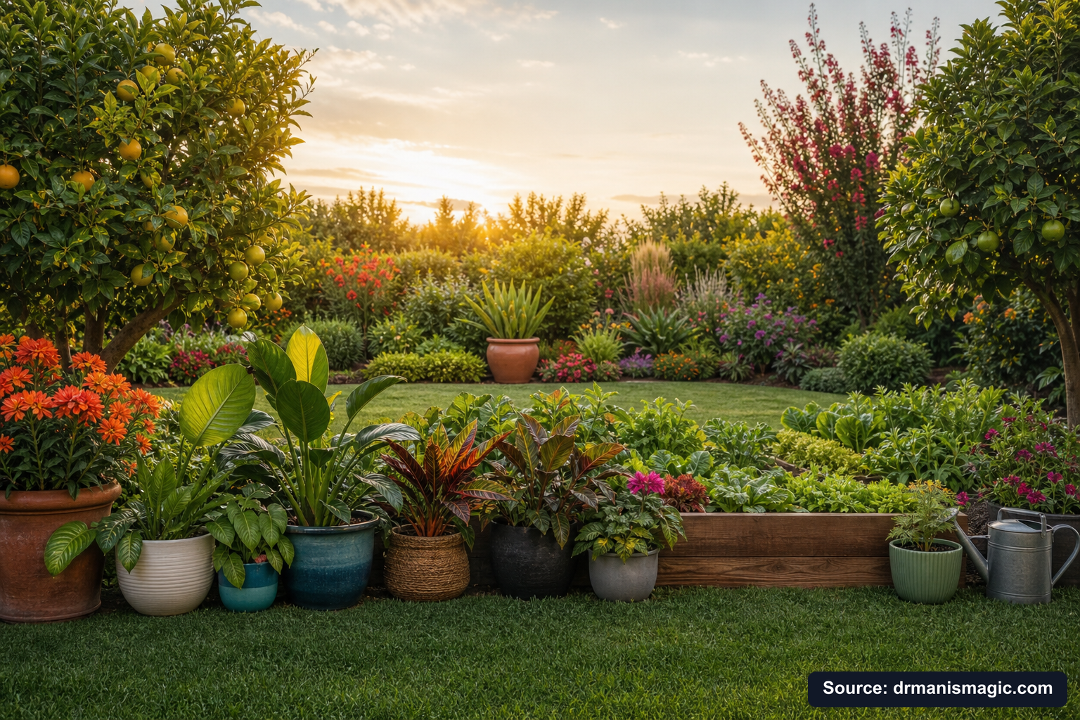 Lush, thriving backyard garden full of healthy plants and trees