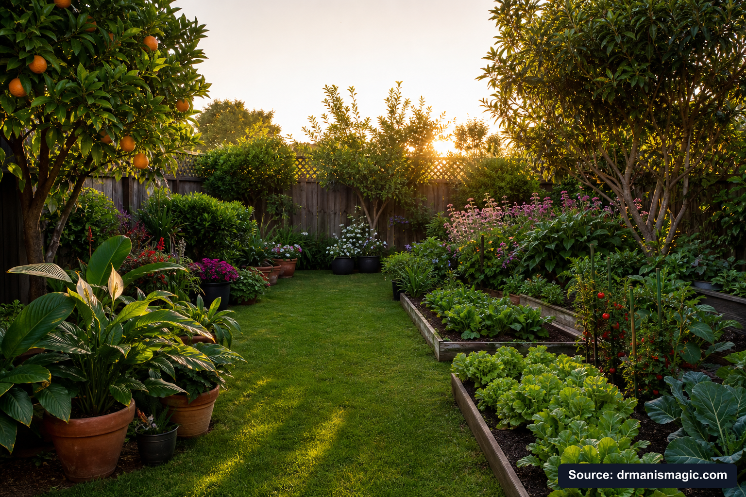 Lush, thriving backyard garden full of healthy plants and trees